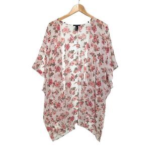 Forever 21 Kimono Robe Sheer Flowy Pink White Roses Flowers Boho size M